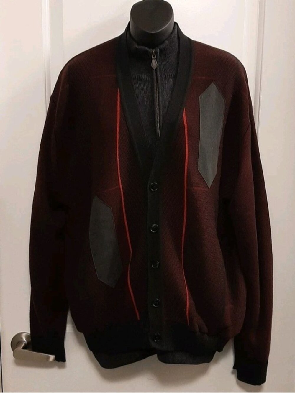 Vintage Gran Sasso Button Cardigan Wool Blend Knit Sweater Large Burgundy Black